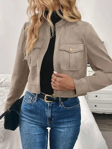 Women's vintage beige faux suede short jacket with pockets and zip closure