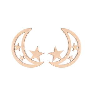 Minimalist rose gold star and crescent moon stud earrings with hollow geometric design