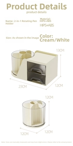 Detailed technical diagram of rotating pen holder with dual drawers and dimensions