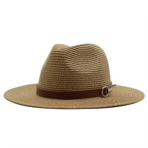 Classic straw panama hat with brown leather band and silver metal ring buckle