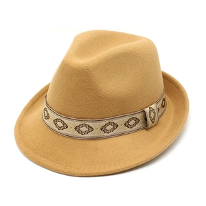 Classic camel wool felt fedora hat with vintage embroidered geometric band for autumn
