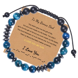 Close-up of men's tiger eye beaded bracelet with message card for Bonus Dad