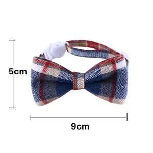 Detailed size chart of British plaid pet bowtie with 9x5cm dimensions and buckle