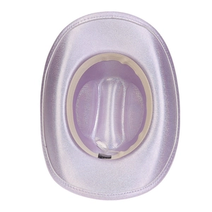 Inside view of a lavender metallic cowboy hat with shimmering sequins and inner sweatband