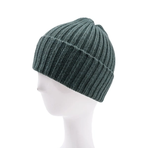 Detailed knit texture of dark green ribbed beanie with thick cuffed brim and cozy design