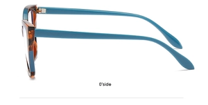 Detailed 0-degree side view of tortoiseshell and blue cat-eye anti-blue light glasses frames
