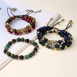 Set di bracciali intrecciati in pietra occhio di tigre 8mm con perle di zircone e cordino