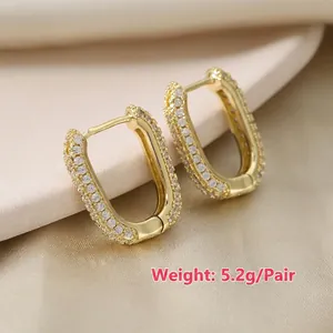 U-shaped gold rectangle hoop earrings with zircon stones, size 15.5x9mm, weight 5.2g per pair