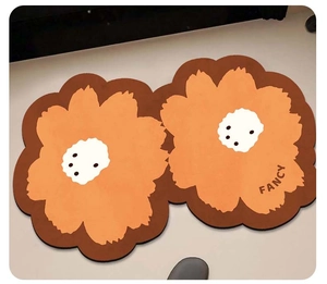 Detailed plush texture of oil painting style orange sunflower bathroom mat with Fancy text