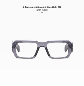 Detailed close-up of grey clear square frame glasses with anti-blue light lenses C08