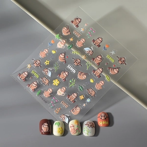 Cute brown sloth 3D nail art stickers with stars and leaves on colorful nail tips