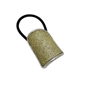 Minimalist black fabric hair tie with rectangular gold glitter and silver metal buckle