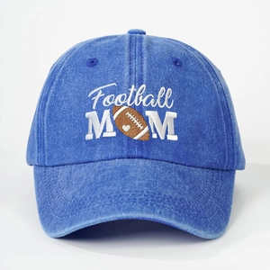 Blue washed denim baseball cap with Football MOM heart embroidery for outdoor sun protection