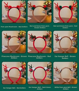 Collage of nine Christmas headbands featuring reindeer antlers, pine cones and plush balls