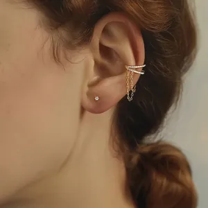 S925 sterling silver tassel chain earrings with zircon studs and double ear cuffs