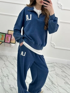 Survêtement bleu marine délavé avec sweat à demi-zip et pantalon large décontracté
