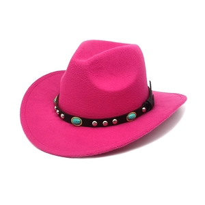 Detail of rose red fedora with black leather band, silver studs and turquoise stones