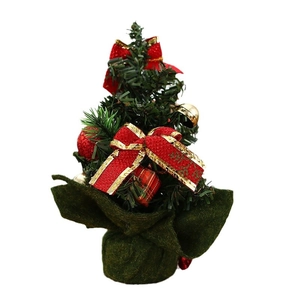 20cm Mini-Weihnachtsbaum Tischdeko mit roten Schleifen, goldenen Glocken und Karomuster