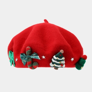 Festive red wool beret for women with Christmas candy cane and tree embroidery details