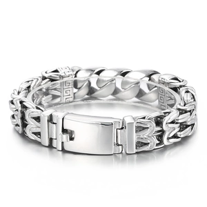 Vintage stainless steel chunky woven chain bracelet with engraved mantra pattern for men