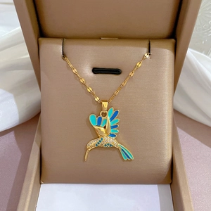 Hummingbird Pendant Necklace Titanium Steel Chain Copper Blue Enamel Gradient Zircon Jewelry For Women