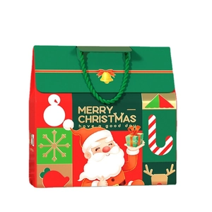 Christmas gift handle bag with Santa and Snowman prints in festive red and green