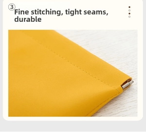 Macro detail of high-quality stitching on a bright yellow PU leather cosmetic pouch