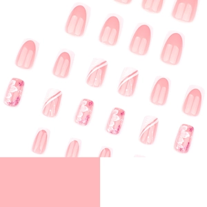 Pink and white French square press-on nails with 3D floral and striped designs
