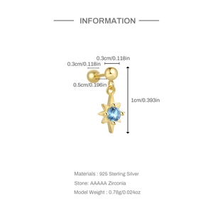 Macro shot of gold S925 silver star earring with blue zircon and detailed dimensions