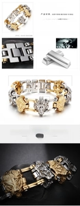 Detail of lion head stainless steel bracelet with two-tone finish and heavy bike chain links