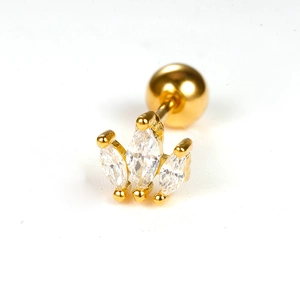Golden stud earring with three marquise-cut zircons and screw-back closure on white background