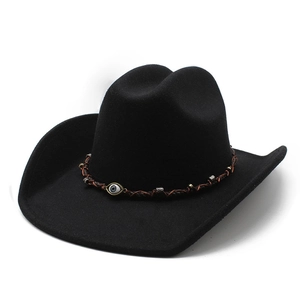 Classic black wool felt western cowboy hat with evil eye charm and braided leather band