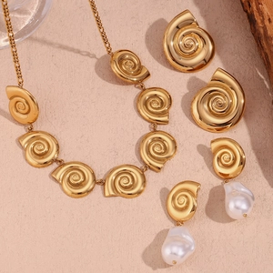 18K gold plated stainless steel snail shell necklace and baroque pearl jewelry set