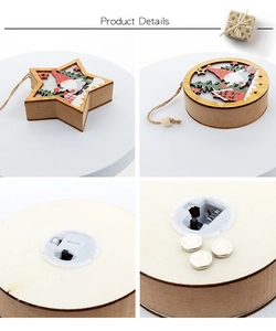 Detail of wooden LED Christmas pendant showing the battery compartment with LR1130 cells