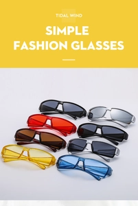 Collection of colorful Y2K wrap-around sunglasses in various trendy frame finishes