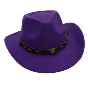 Detail of dark purple cowboy hat with brown leather belt and vintage metal buckles