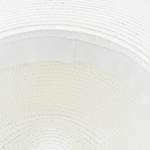 Close-up of a white woven straw sun hat with detailed brim texture and durable sweatband