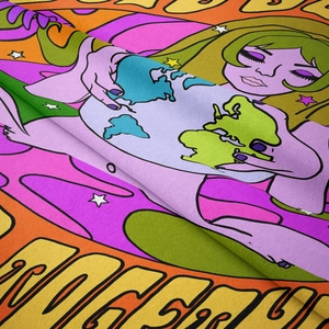 Close-up of psychedelic woven tapestry showing thick fabric texture and vibrant fiber detail