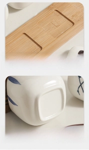 Detail showing natural bamboo tray texture and non-slip unglazed ceramic seasoning jar base