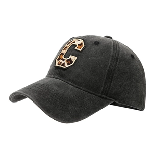 Classic washed cotton baseball cap with leopard print C patch and vintage curved brim