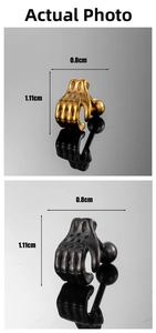Vue détaillée de boucles d'oreilles punk en forme de paume en or et noir avec mesures