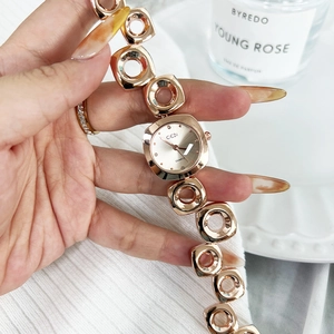 Rose gold quartz watch for women with unique hollow square link bracelet and square dial