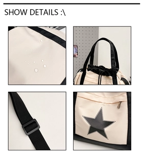 Detail showing waterproof nylon fabric, drawstring closure, and adjustable strap of the bag