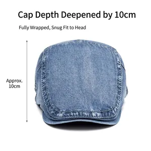 Classic blue washed denim flat cap with 10cm depth for men and women