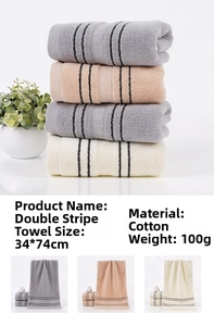 Detail of 100g cotton towels 34x74cm with black stripe borders in various colors