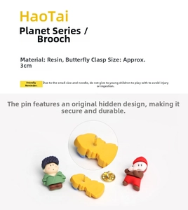 Detail view of cartoon resin brooch pins showing 3cm size and secure butterfly clasp