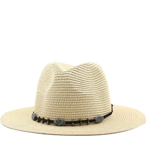 Straw Fedora Hat Summer Sun Protection Beach Sunhat Boho Western Style Decorative Band Feather Beads Women Men