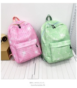 Detalle de mochila acolchada con estampado de corazones y cremalleras en rosa y verde