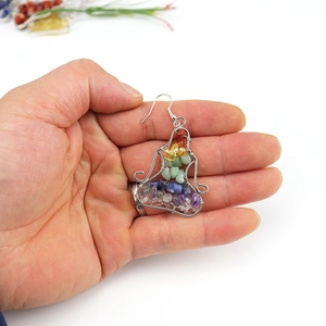 Handmade wire wrapped drop earrings with colorful natural crushed stones in boho style