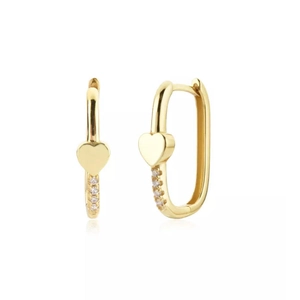 Elegant gold oval huggie earrings featuring a solid heart charm and sparkling zircon accents